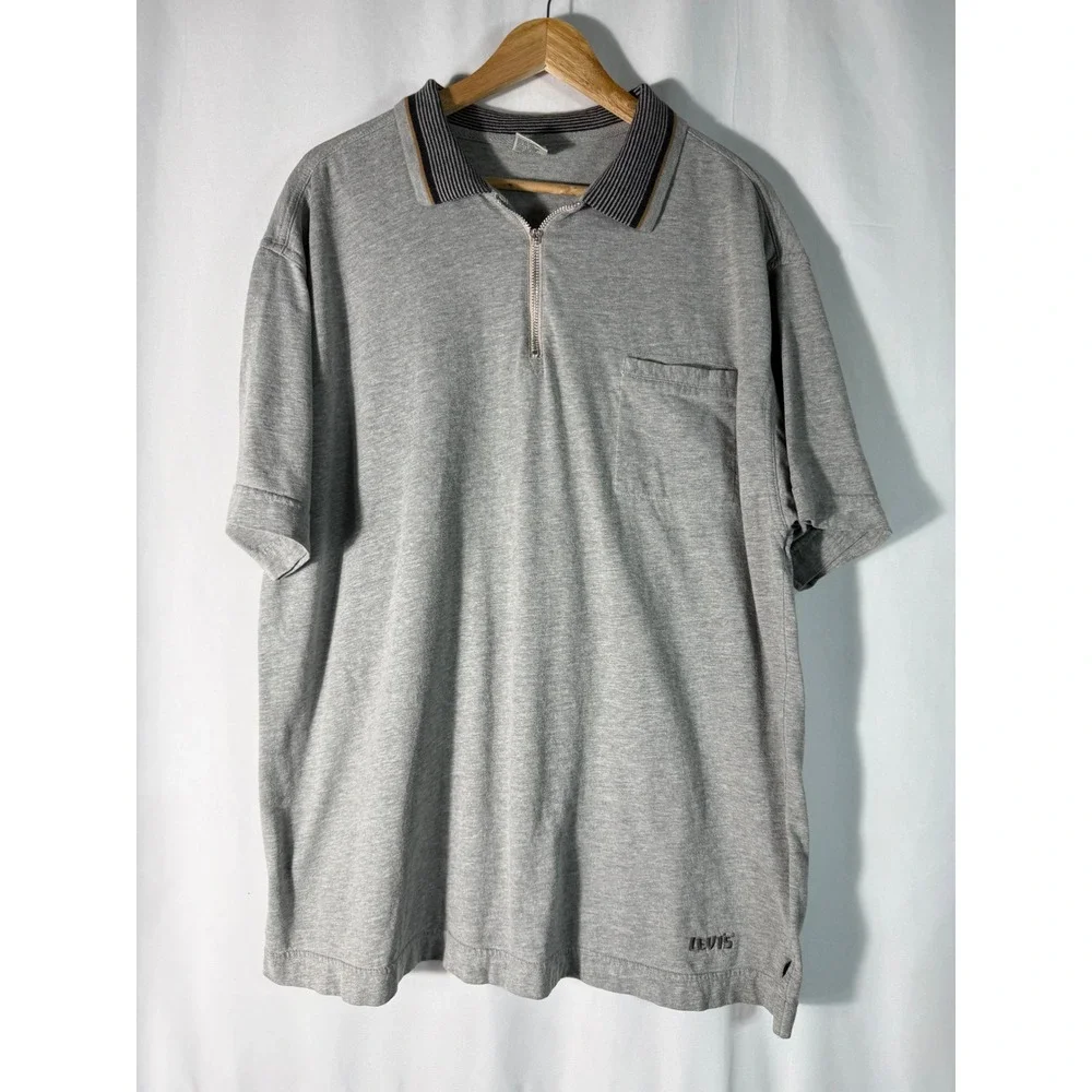VTG Levis Mens XL‎ Gray Quarter Zip Polo Shirt Striped Collar Short Sleeve